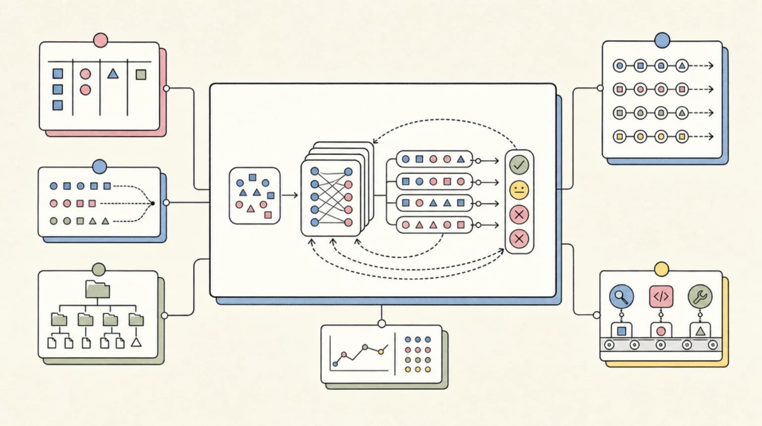 Abstract systems illustration for The setup: what RL on LLMs is actually trying to do